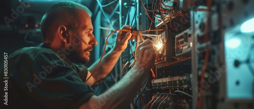 A technician repairs a circuit board in a server. photo