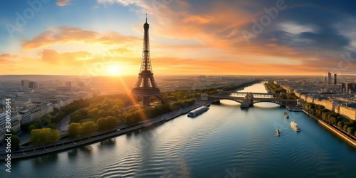 Eiffel Tower at Sunset: A Breathtaking Aerial View in Paris, France. Concept Travel, Landmarks, Photography, Sunset Views, Paris photo