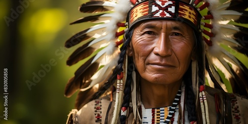 Blackfoot chief adorned in traditional attire with feathers symbolizing Native American culture. Concept Native American culture  Traditional attire  Blackfoot Tribe  Feathers symbolism