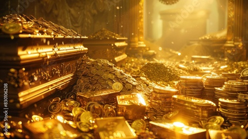 A treasure room filled with piles of gold bars, gold coins, and gold jewelry. The light shines brightly, making the gold shine.