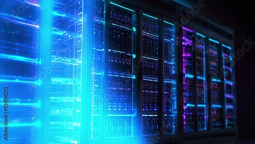 Viewers of the looping video are presented with a data center setting adorned with multiple rows of fully operated server racks, highlighting the modernization of telecommunication, artificial intelli