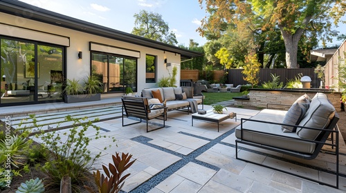Modern Linear Paver Patio with minimalist metal and glass furniture