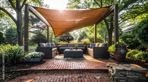 Brick Patio with Shade Sail, bricks in a basket weave pattern, outdoor sofas and a coffee table