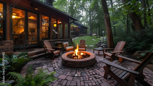 Brick Patio with Central Fire Pit: basket weave pattern bricks, Adirondack chairs, evening fireside chats