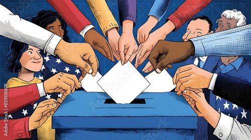 Voting for the america flag election, a hand putting a ballot paper into a ballot box on a america flag background with copy space  - 1 photo