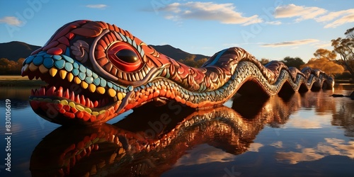 Australian Aboriginal dreamtime creation story depicted through colorful serpent sculpture with mountains rivers trees and people. Concept Australian Aboriginal art, Dreamtime mythology