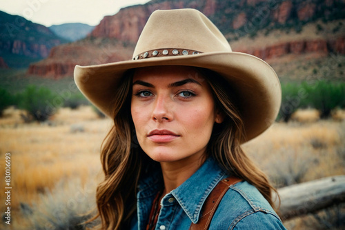 American Cowgirl Beauty Portrait with Scenic Nature Background © Oldboy