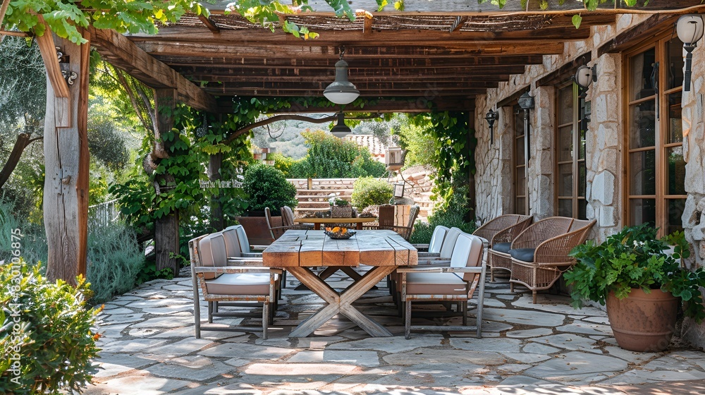 Fototapeta premium Pergola-Covered Flagstone Patio, wooden pergola draped with climbing plants, rustic wooden dining table and cushioned chairs