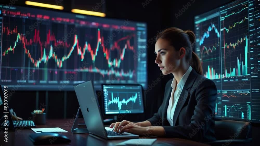 Female trader investors, observed from above, focus on computer screens, analyzing financial graph data displayed on PC monitors, reflecting on the global risks of online stock exchange market trading Female trader investors, observed from above, focus on computer screens, analyzing financial graph data displayed on PC monitors, reflecting on the global risks of online stock exchange market trading