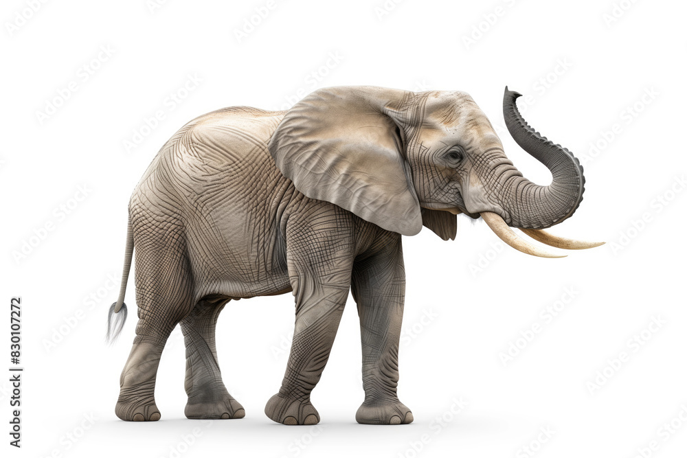 Obraz premium African Elephant Standing with Raised Trunk on White Background
