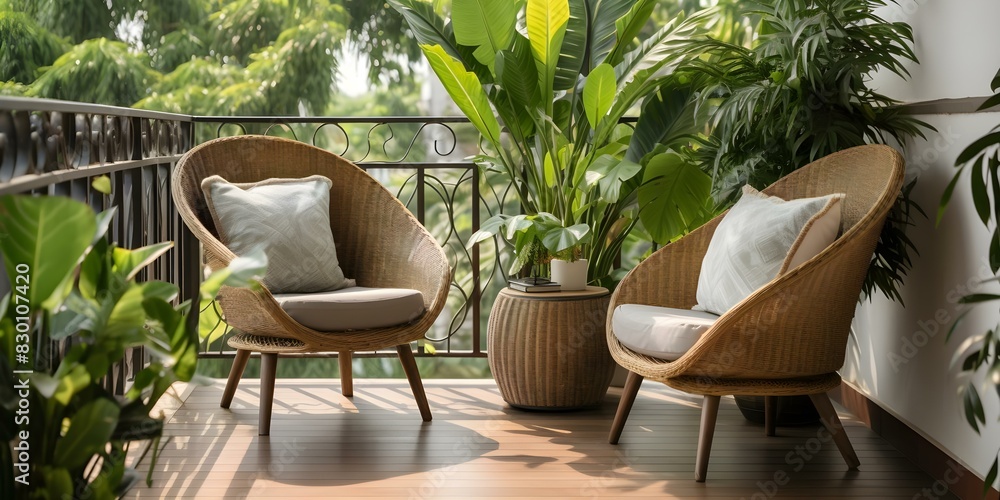 Balcony seating adorned with lush greenery and comfortable armchairs for a cozy atmosphere. Concept Cozy Balcony Seating, Greenery Decor, Comfortable Armchairs, Outdoor Relaxation