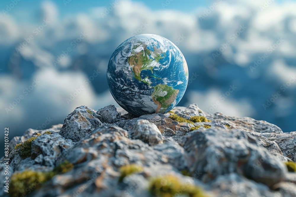 A realistic globe placed on a rocky mountain peak symbolizing environmental consciousness and global unity A realistic globe placed on a rocky mountain peak symbolizing environmental consciousness and global unity