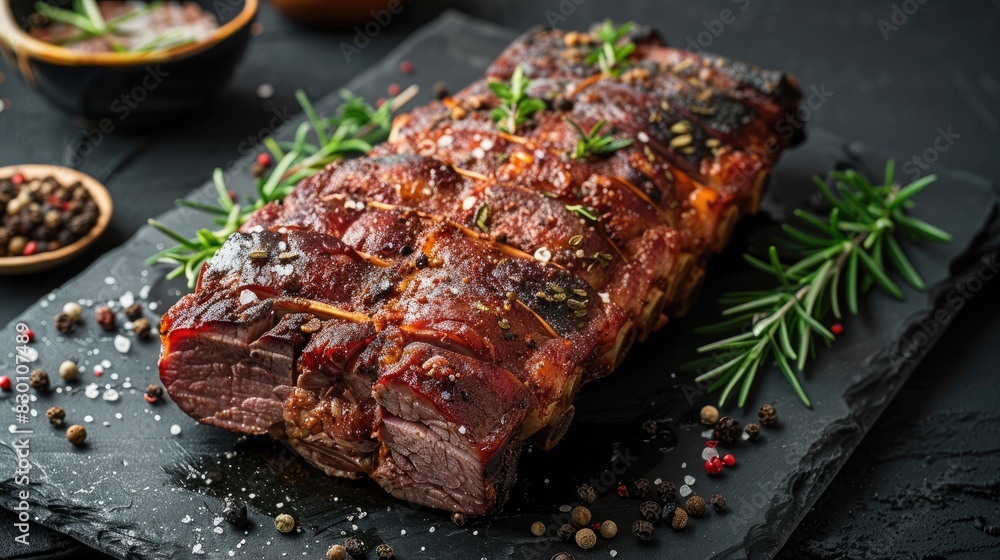 Tasty smoked pork or chicken with a blend of salt spices and herbs on a dark concrete surface Tasty smoked pork or chicken with a blend of salt spices and herbs on a dark concrete surface