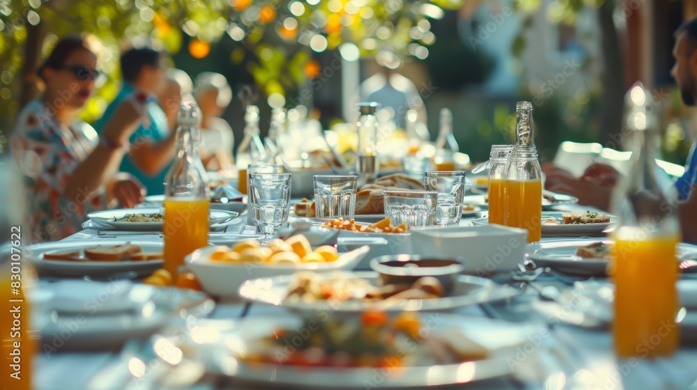 Elegant outdoor dining setup featuring a long table beautifully arranged with food and drink for a festive gathering. Generative Ai Elegant outdoor dining setup featuring a long table beautifully arranged with food and drink for a festive gathering. Generative Ai