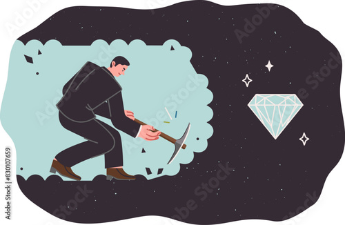 Business man strives to achieve success by digging up earth to obtain expensive diamond