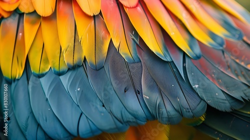 Detailed close up of colorful bird wing feathers