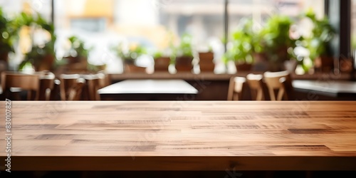 Blurred background of people in a coffee shop with an empty wood table top for product display. Concept Coffee Shop, Product Display, Background People, Blurred, Empty Table Top photo