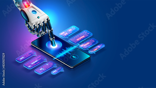 AI chat bot in image robot hand tap screen phone. Mobile online AI chat bot talk through messenger with user. Abstract robotic arm of internet Chatbot with artificial intelligence chatting on phone.