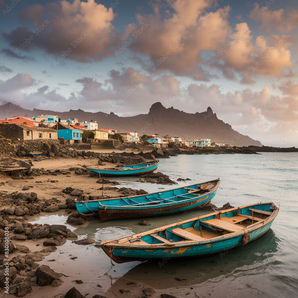 landscape-of-the-cape-verde-islands-in-the-early-morning-with-houses-on-the-sea-coast-old-boats-in-