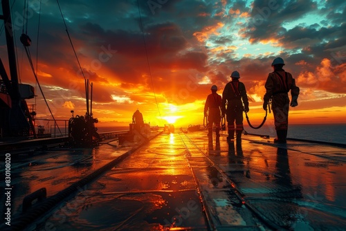 Workers in hard hats against a sunset on ship deck, reflective wet surface, and visible equipment © Dacha AI