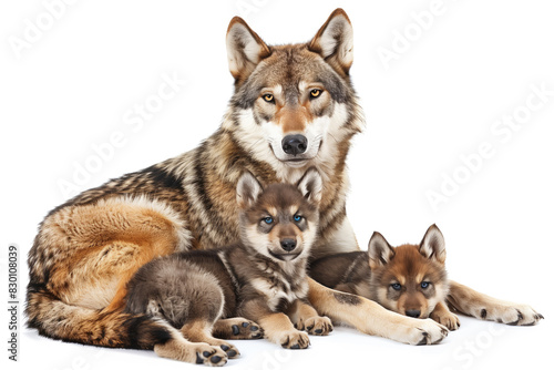 Female Wolf Resting with Her Puppies on White Background
