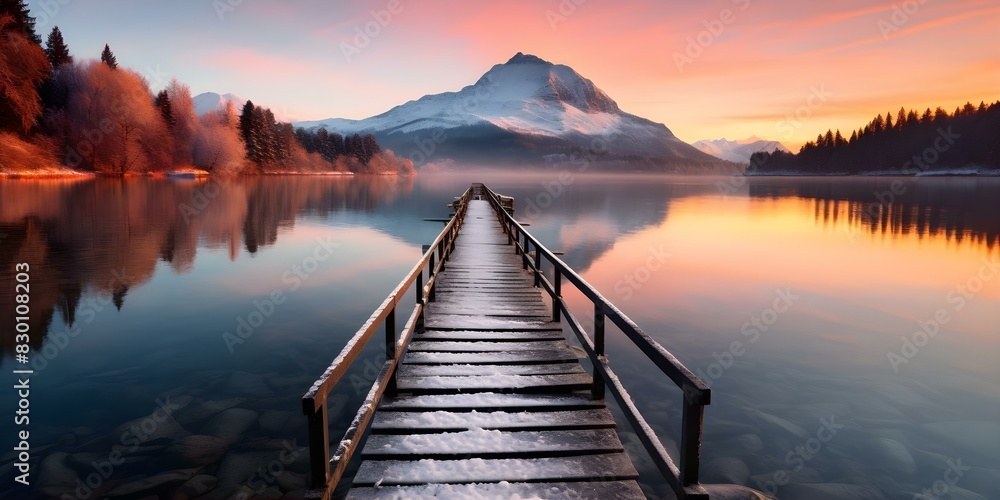 Fototapeta premium Scenic winter sunset at Lake Annecy in HauteSavoie France surrounded by mountains in the French Alps. Concept Nature, Winter, Sunset, Lake Annecy, French Alps
