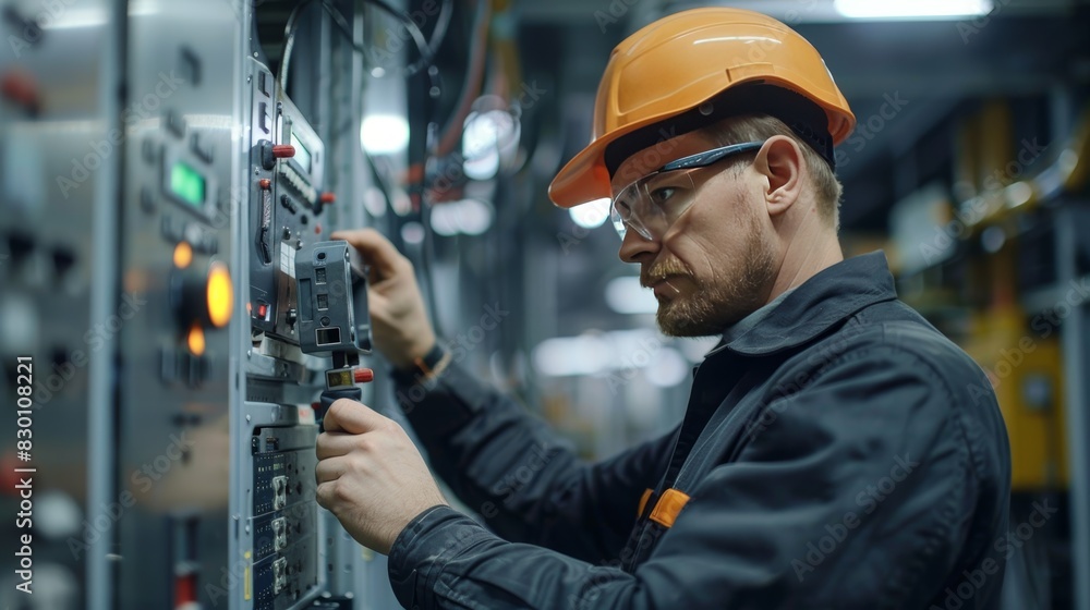 Skilled technician meticulously adjusts industrial machinery controls in a manufacturing plant. Generative Ai Skilled technician meticulously adjusts industrial machinery controls in a manufacturing plant. Generative Ai