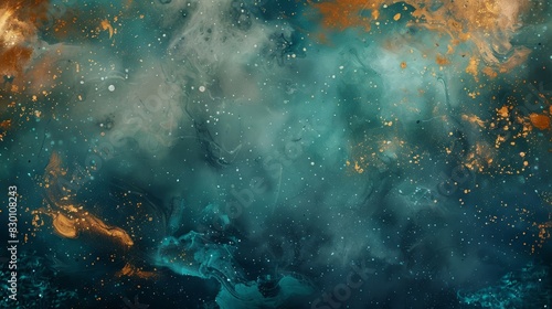 Dark teal and burnt sienna with gold particles complemented by a serene mist background