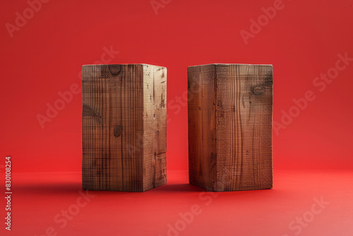 Illustration of two tall wooden cubes placed parallel to each other, resembling modern minimalist towers against a solid red background,