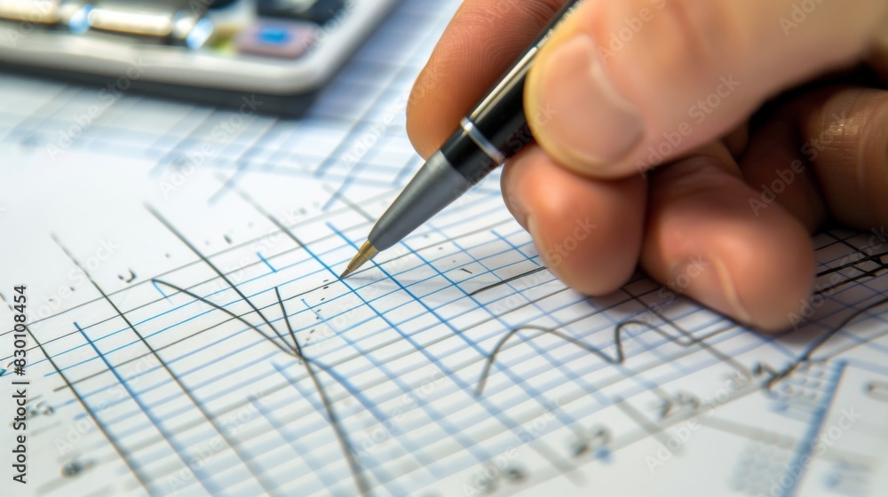 A hand holding a pen, drawing a line graph on grid paper, with calculations and annotations for data interpretation. A hand holding a pen, drawing a line graph on grid paper, with calculations and annotations for data interpretation.