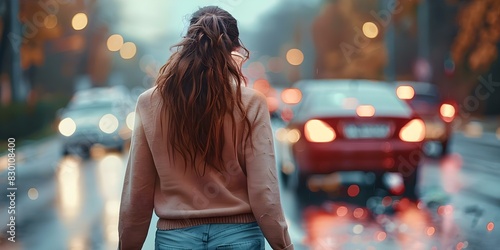 Woman walking away from a rearended car emphasizing road safety and potential legal implications. Concept Road Safety, Car Accident, Legal Implications, Pedestrian Safety, Traffic Laws photo