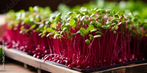 Homegrown red beet microgreens for a healthy diet in a kitchen. Concept Microgreens, Beet Microgreens, Homegrown Produce, Healthy Diet, Kitchen Gardening photo