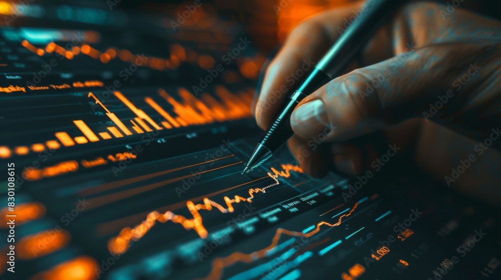 A hand holding a pen, marking key points on a printed stock market graph, illustrating analysis and strategy in stock trading. A hand holding a pen, marking key points on a printed stock market graph, illustrating analysis and strategy in stock trading.
