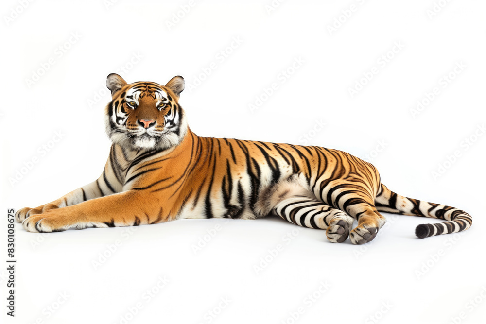 Obraz premium Full-Length Bengal Tiger Resting On White Background