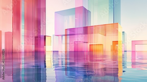 Abstract architectural structures in pastel hues, close up, dreamy gradient sky, vibrant, Overlay, tranquil lake scene