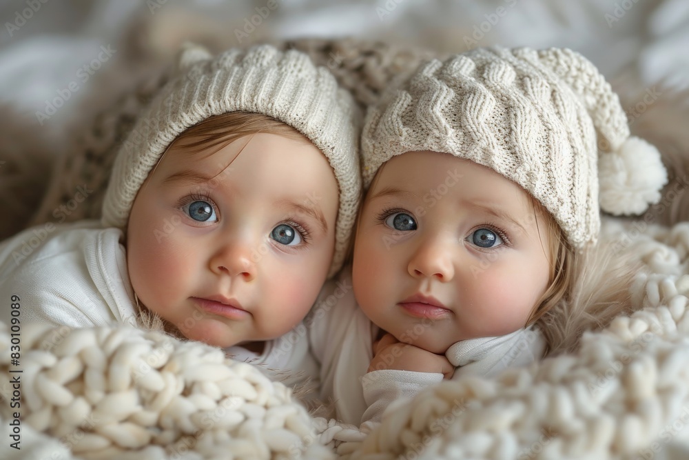 Peaceful infants with mesmerizing eyes wearing knitted white beanies on a woolen rug Peaceful infants with mesmerizing eyes wearing knitted white beanies on a woolen rug