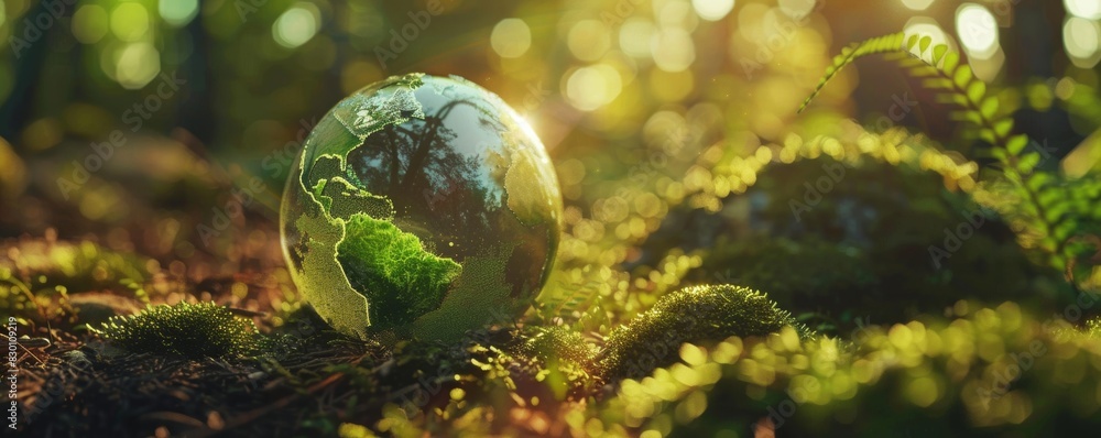 Green globe in the forest with moss and sunlight Green globe in the forest with moss and sunlight