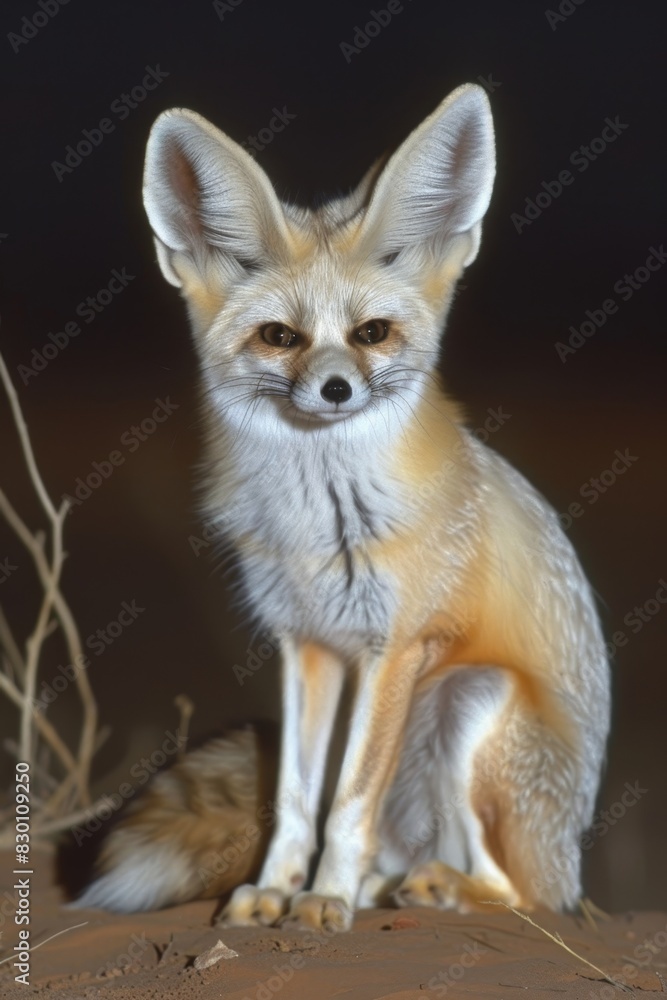 Fototapeta premium Fennec fox sitting quietly in the desert at night, nocturnal wildlife photography