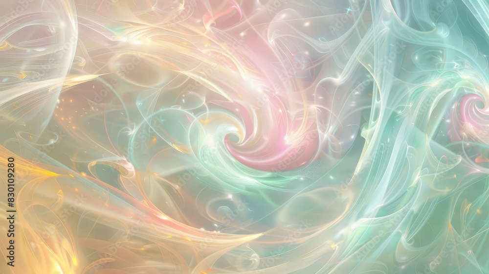 Fototapeta premium Swirling spring patterns in pale pink soft teal and lemon yellow background