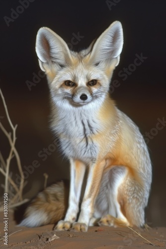 Fennec fox sitting quietly in the desert at night  nocturnal wildlife photography