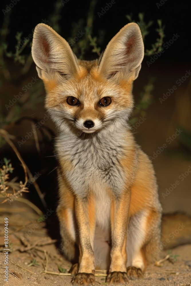 Fennec fox sitting quietly in the desert at night, nocturnal wildlife photography Fennec fox sitting quietly in the desert at night, nocturnal wildlife photography