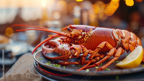 Delicious freshly whole red lobster serving on plate with fresh parsley and slices of lemon photo