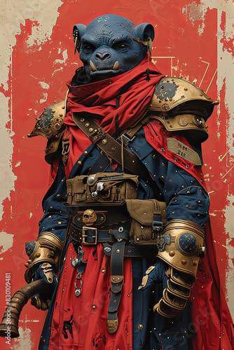 Fantasy Hobgoblin Commander Avatar in Red Iron Plate Mail with War Horn on Tactical Map Gen AI