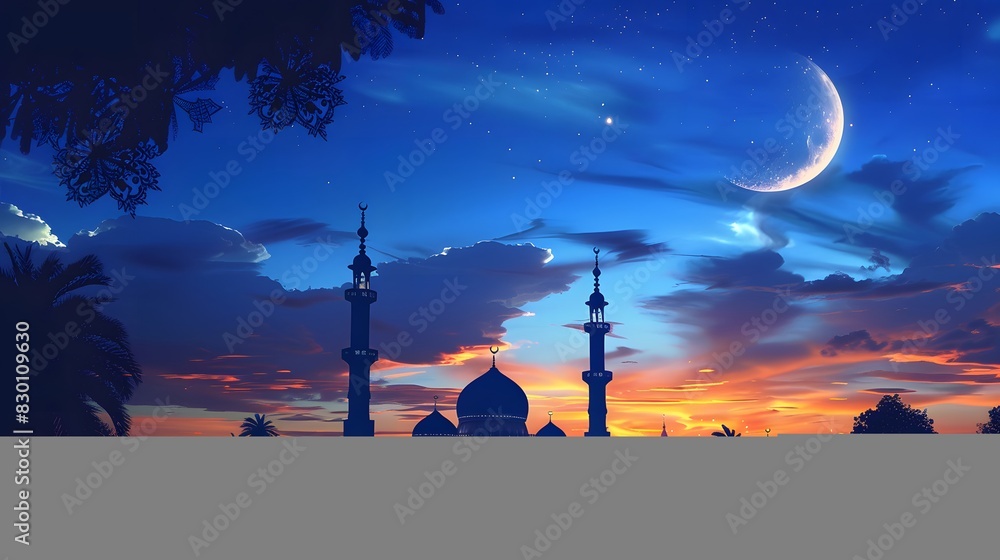 Mosques dome on dark blue twilight sky and crescent moon on background, symbol islamic religion and free space background well for text arabic present, Eid al Adha. 