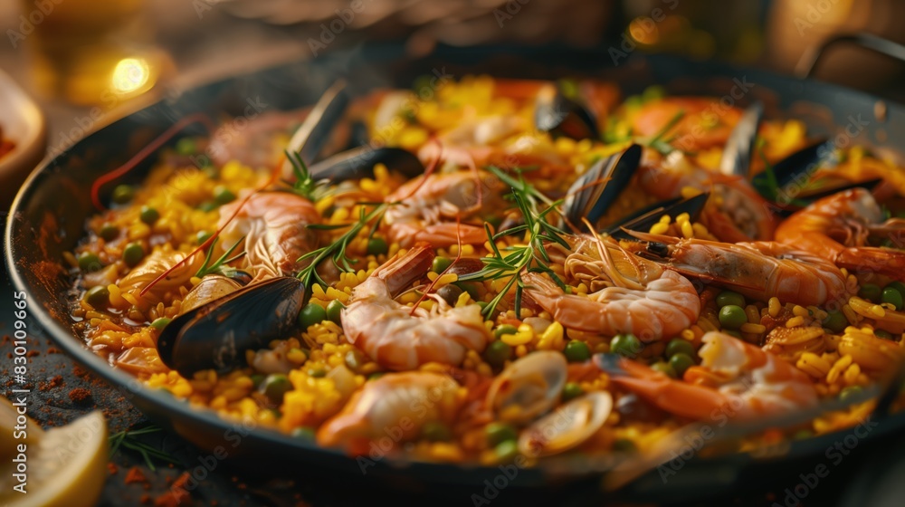 Top view of traditional spanish seafood paella with rice, shrimps and herbs in a special large pan Top view of traditional spanish seafood paella with rice, shrimps and herbs in a special large pan