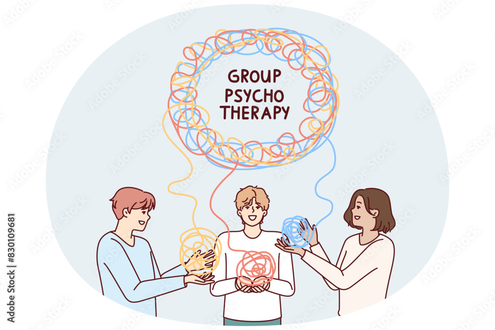 Men in group psychotherapy session trying to solve mental problems at psychiatrist appointment. People at psychotherapist consultation use group techniques for mental health treatment Men in group psychotherapy session trying to solve mental problems at psychiatrist appointment. People at psychotherapist consultation use group techniques for mental health treatment