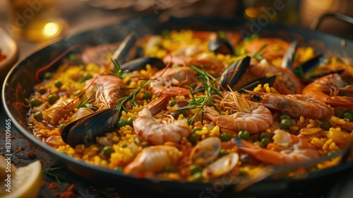 Top view of traditional spanish seafood paella with rice, shrimps and herbs in a special large pan