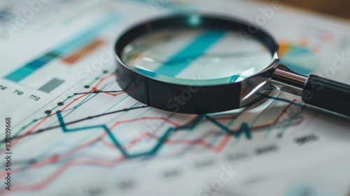 A magnifying glass focusing on a line graph, emphasizing the importance of detailed analysis in interpreting data trends. photo
