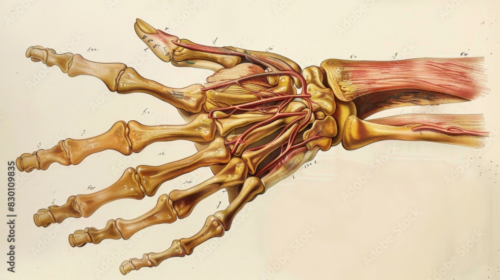 A medical diagram of the human hand, with bones and ligaments labeled ...