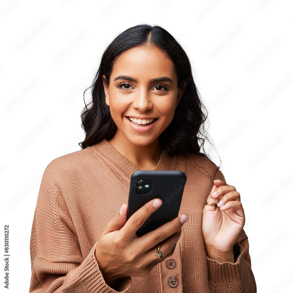 Smiling young Hispanic woman looking at camera, holding cellular phone, internet search and scrolling, transparent, png Smiling young Hispanic woman looking at camera, holding cellular phone, internet search and scrolling, transparent, png